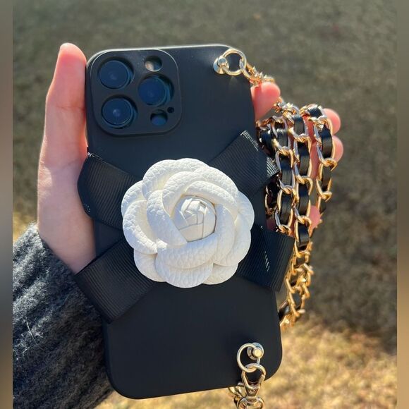 Elegant Chain Strap iPhone 16 pro Case with White Flower Accent - Picture 5 of 9